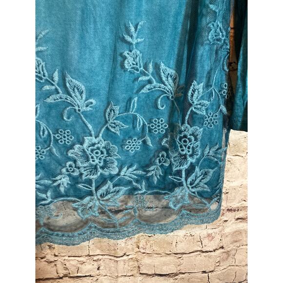 Fantazia Tunic Top Womens XL Teal Blue Distress Wash Embroidered Linen Blend - Picture 6 of 12